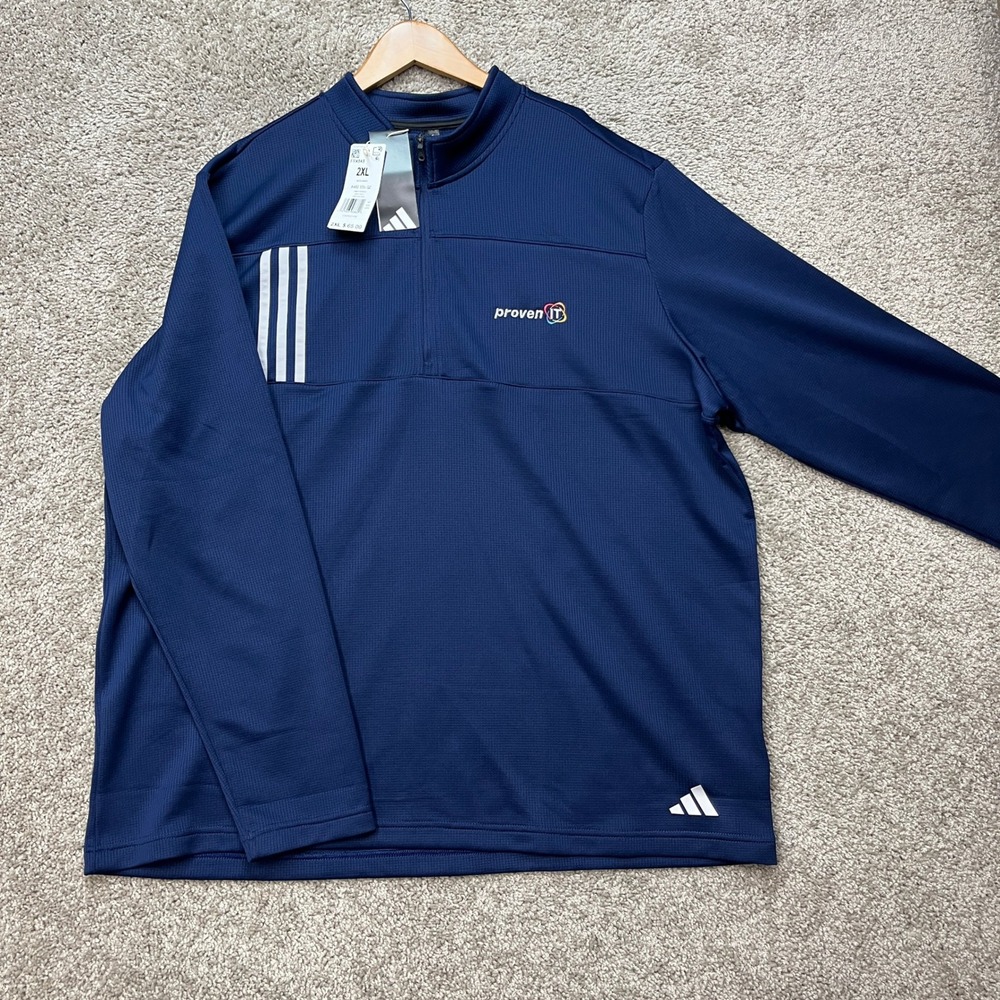 Adidas Pullover Men 2XL Navy Blue‎ Quarter Zip Long Sleeve Golf Sweater 3-Stripe